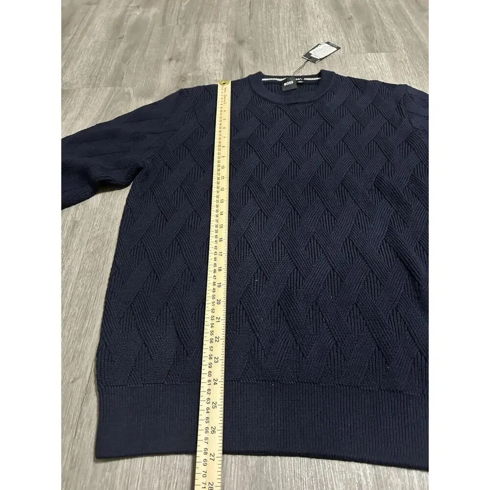 BOSS Hugo Boss Men’s 100% Virgin Wool Textured Crew Neck Sweater Navy L NWT